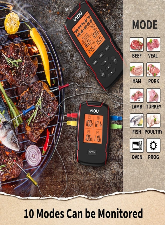 YIOU Wireless Meat Thermometer for Cooking, Digital Meat Thermometer with 4 Probes, 500FT Ultra Accurate & Fast Food Thermometer for Oven, Smoker, Red - Image 4